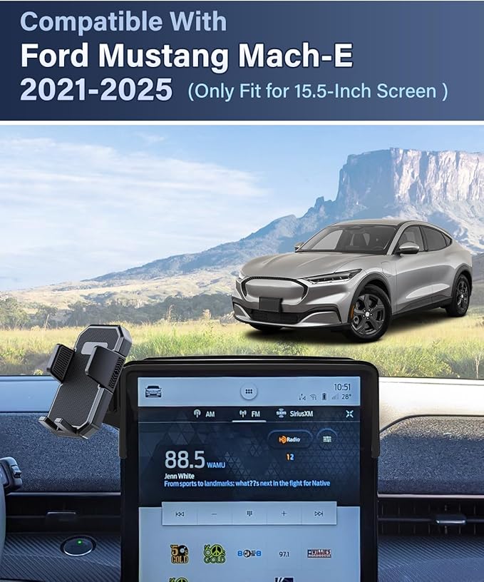 PZK Car Phone Holder for Ford Mustang Mach-E 2021 2022 2023 2024 2025 Accessories 15.5-Inch Screen Fixed Clip Auto Lock Car Phone Mount with Sunglasses Storage Box 360° Rotation Fit for 4-7'' Phones
