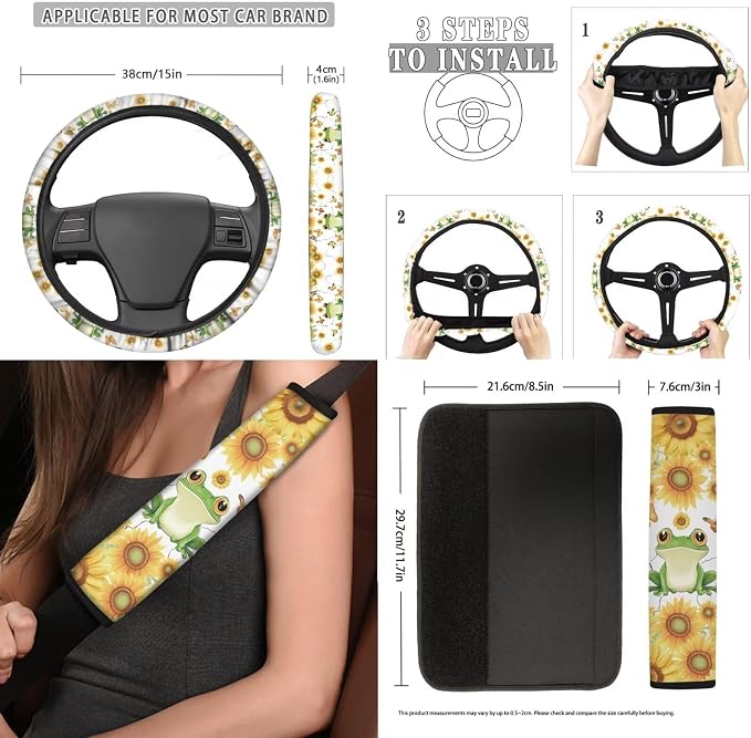 Poceacles Frog Butterfly Sunflower Car Accessories Full Set, Car Seat Covers Set Auto Front Rear Seat Protector Keychain Cup Holder Steering Wheel Cover Seat Belt Pad Tissue Box Lipstick Cover, 13PCS