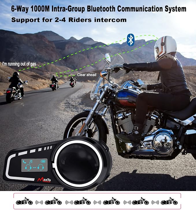 MAXTO Motorcycle Bluetooth Headset M2C 1000M 6 Riders Group Helmet Communication System with LCD Screen Universal Motorbike Intercom Waterproof Casco de Motor Intercomunicador FM/GPS/Siri(1 Pack)