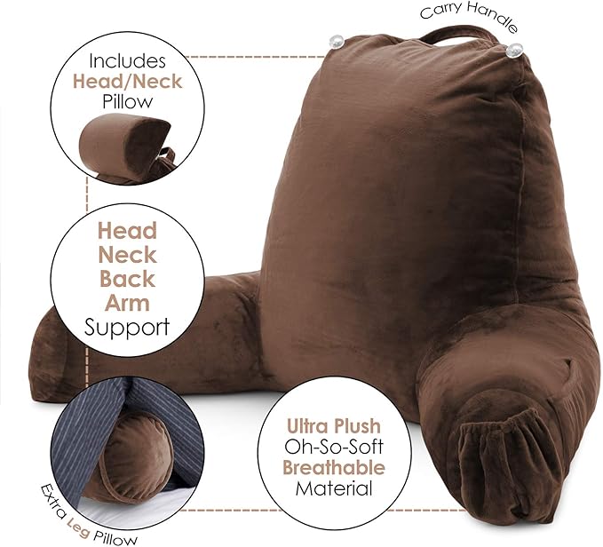 Nestl Reading Pillow with Shredded Memory Foam Includes 2 Neck and Lumber Support Pillows, Designed for Sitting Up in Bed and Couch, Back and Arms Adjustable Support for Adult & Teens, Chocolate Brown