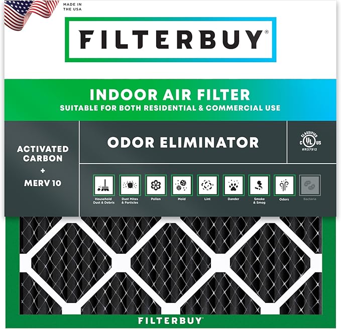 Filterbuy 10x10x1 Air Filter MERV 10 Odor & Allergy Defense with Activated Carbon (1-Pack), Electrostatic Pleated HVAC AC Furnace Filters Replacement (Actual Size: 9.50 x 9.50 x 0.75)