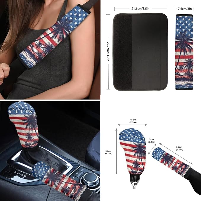 Wanyint Car Seat Cover Full Set 12 PCS, with Steering Wheel Seat Belt Strap Armrest Pad Handbrake Cover Gear Shift Cover Coasters Universal Fit for 4th of July, Hawaiian Palm Tree US Flag