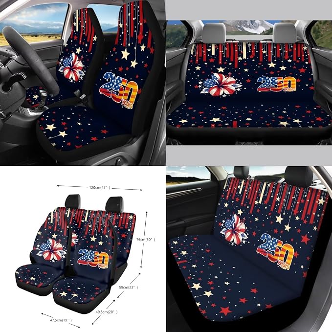15Pcs Car Seat Cover Set Steering Wheel&Seat Belt Cover Trash Bin Air Vent Storage Box Front Rear View Mirror Cover Car Cup Holder Keychain, American 250Years Patriotic Flag Hibiscus