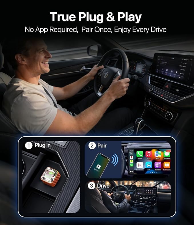 2026 Wireless CarPlay Adapter for iPhone, Premium Glass Finish Design, 5s Auto-Connect, Mini Wireless CarPlay Dongle Compatible with Apple CarPlay, Plug & Play for Factory Wired Cars, Low Latency