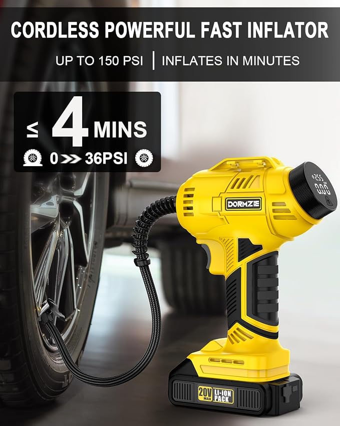 Tire Inflator Portable Air Compressor, 150 PSI Handheld Air Pump for Car Tires with 20V Rechargeable Battery, 12V Car Power Adapter, Digital Display, Ball, Motorcycle, Bike Pump