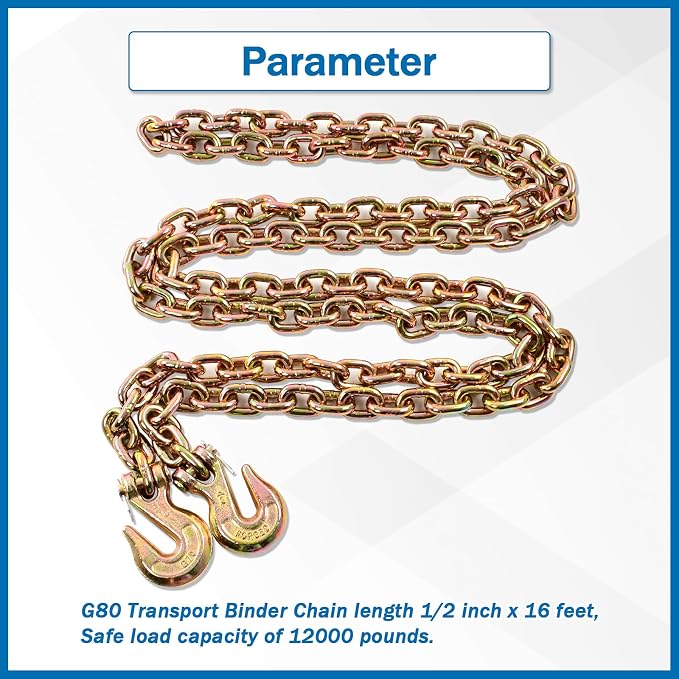 1/2 Inch x 16 Feet Transport Binder Chain G80 Safey Tow Chain with Grab Hooks 12000 Lbs Safe Work Load for Transporting Towing Tie Down Binding Equipment