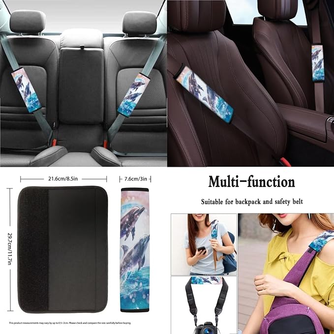Xoenoiee Dolphin Rainbow Pattern 11 Pieces Car Seat Covers Interior Accessories Set Universal Fit with Steering Wheel Cover, Seat Belt Pads, Keychain, Cup Coasters