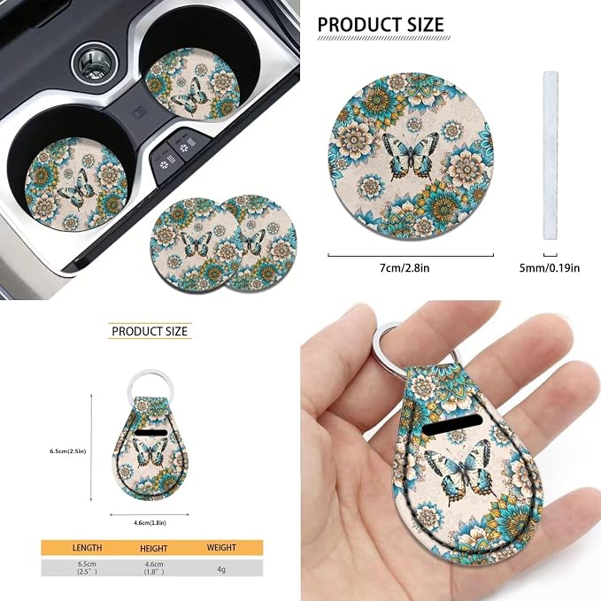 Xoenoiee Butterfly and Boho Mandala Print Car Seat Cover Full Set with Steering Wheel Cover, Seat Belt Cover, Coasters, Key Chains for Cars SUV, Universal Auto Accessories - 11 Pack