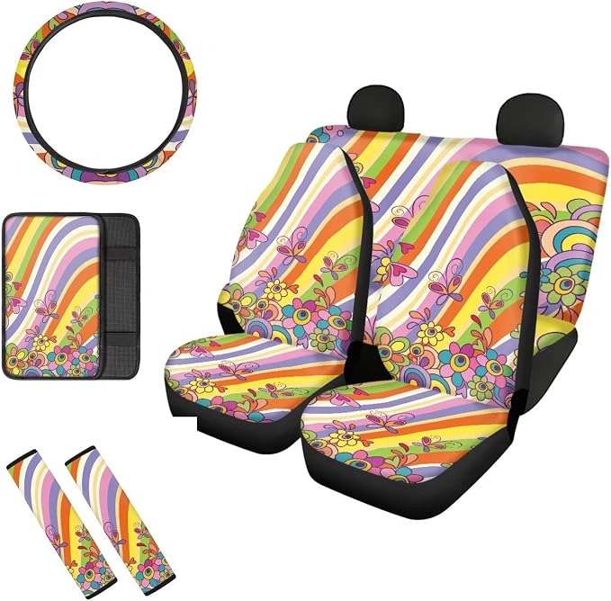 Mumeson 8 Pack Hippie Flower Butterfly Car Seat Covers Full Set with Seat Belt Pads Shoulder Cushion + Steering Wheel Cover + Armrest Cushion for Car Universal Size Car Accessories for Womens