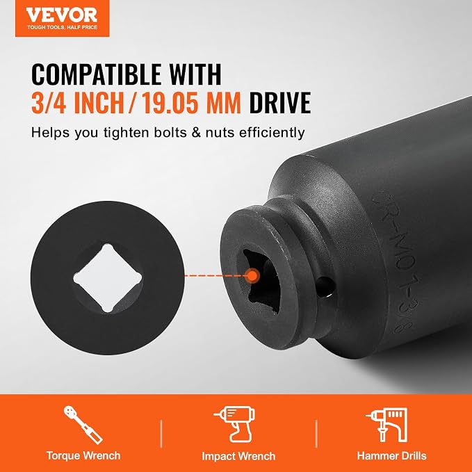 VEVOR Axle Nut Impact Socket Set - 3/4" Drive Deep 6-Point 8-Piece SAE Spindle Nut Socket CR-MO Heat Treated Large Socket Set with Storage Case for Auto Repair, Removing or Installing Axle Nuts