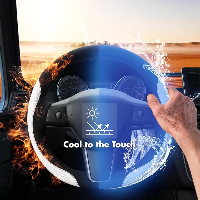 MEWANT Hand Stitch Steering Wheel Cover for Tesla Model 3 2017-2023 Model Y 2020-2023 Black Athsuede White Microfiber Leather Custom Fit DIY Wrap Interior Accessories