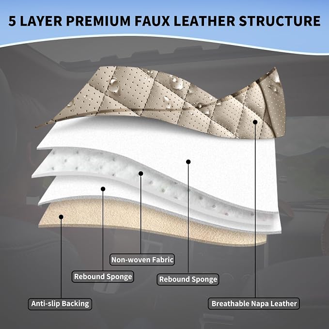 Beige Leather Car Seat Covers Full Set Breathable Seat Protectors Waterproof Automotive Seat Covers Universal Fit for Most Cars SUVs Trucks Vehicles