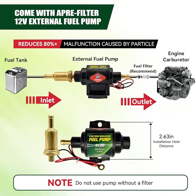 12D Micro Electric Diesel Fuel Pump Universal 5/16 inch Inlet and Outlet 12V 1-2 A, 35 GPH, 4-7 PSI