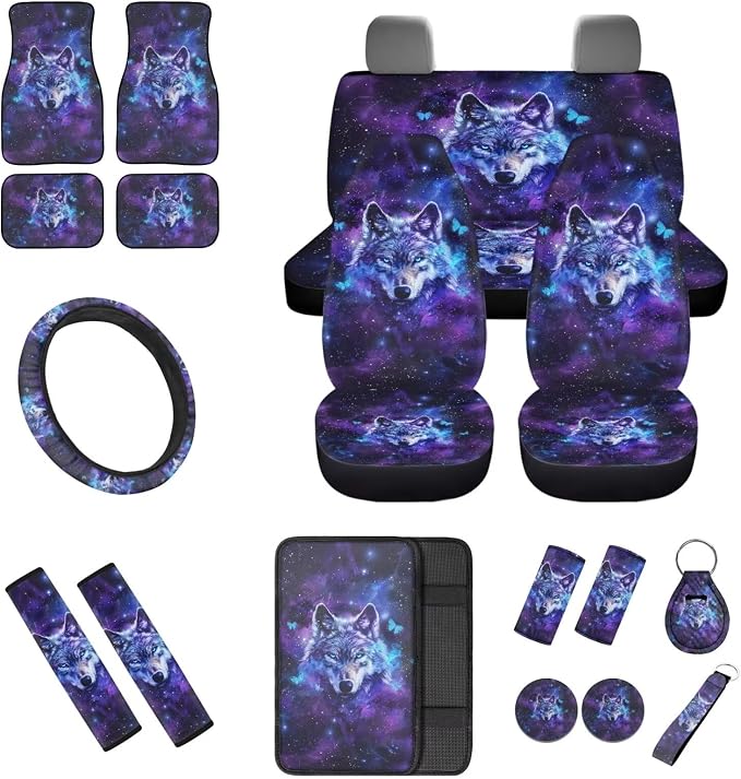 18 Pcs Wolf Butterfly Print Car Accessories Set Car Seat Covers Auto Steering Wheel Cover Floor Mats Seat Belt Pads Armrest Pad Covers Roof Handle Wraps Cup Coaster Keychain