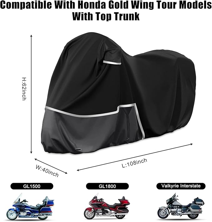 Waterproof Motorcycle Cover Replace for Honda Goldwing with Trunk Models, 420D Oxford Cloth GL1500, GL1800, Valkyrie Interstate Motorcycle Cover for Snow Rain Dust Protection