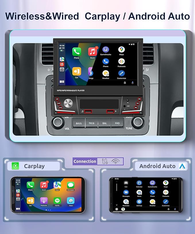 Rimoody Car Stereo Single Din Wireless Carplay Android Auto 7 Inch Touchscreen Flip Out Car Radio Bluetooth FM/AM, USB/TF/Aux, SWC, Voice Control, Backup Camera