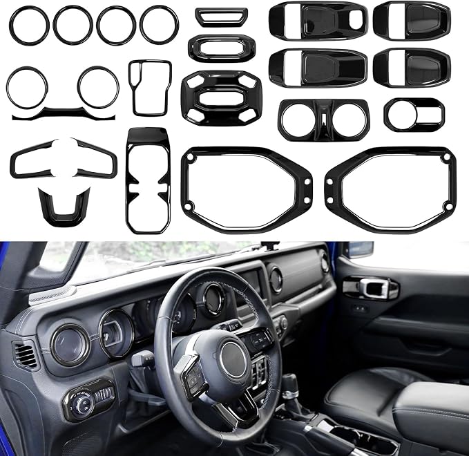 Barong for Jeep Wrangler JL JLU Gladiator JT 2018-2023 Interior Accessories Decoration Steering Wheel Gear Cup Holder Door Panel AC Air Vent Reading Light Cover 23PCS Full Set (Black)