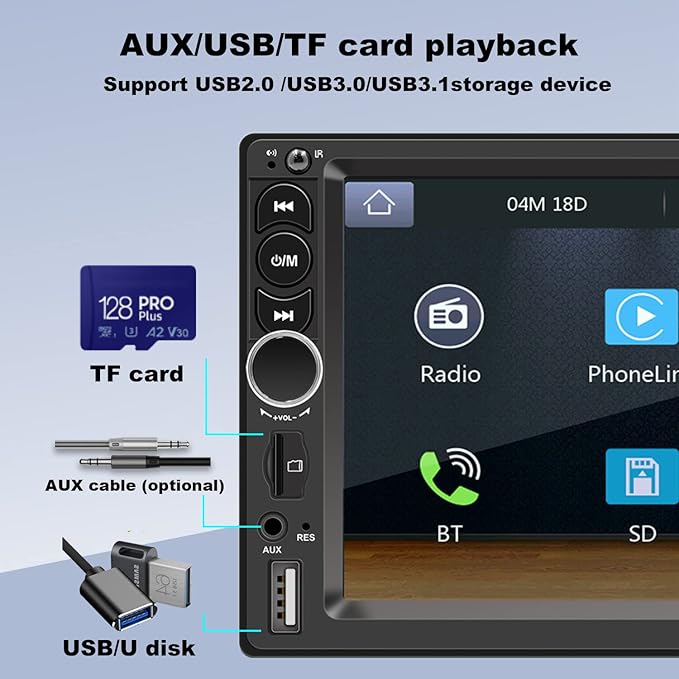 7'' Double Din Car Stereo Build-in Apple Carplay,Bluetooth 5.1 Hand-Free Calling,Touchscreen Car Radio FM,GPS Navigation,Night Vison Backup Camera,USB/TF/Subwoorf/240 watts