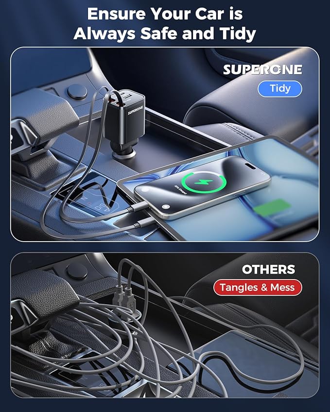 SUPERONE Retractable USB C Car Charger, Phone Car Charger Fast Charging with Dual Type C Cable, Car Accessories Small USBC Car Adapter
