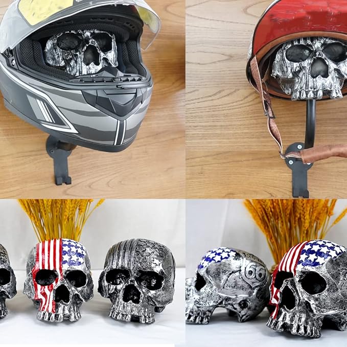 Motorcycle Accessories Helmet Holder Wall Mount, Skull Motorcycle Helmet Rack with 2 Hooks Hanger for Coats, Caps, Sports Equipment