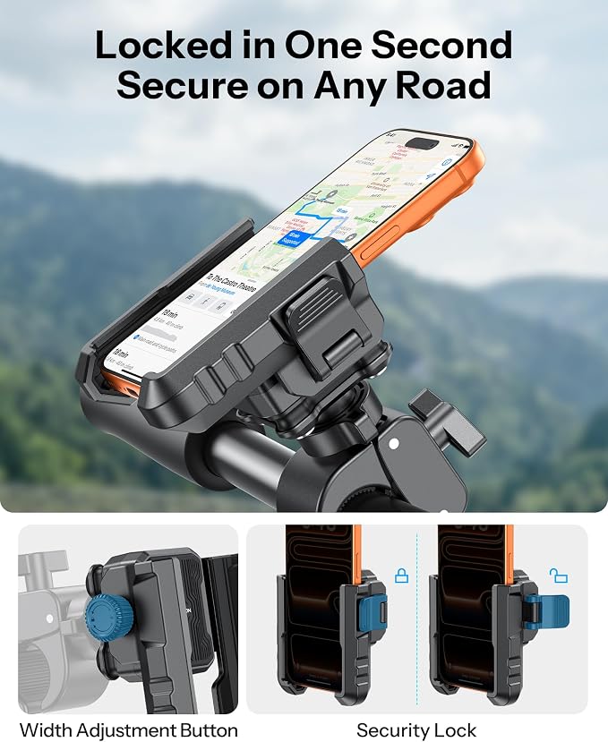 OMOTON BK01 Anti-Vibration Phone Mount, Quick Lock Shockproof Bike & Motorcycle Phone Holder, Fits iPhone & Android for Riders on E-Bike, Stroller, Scooter, Fits Handlebars & Rearview Mirror, Black