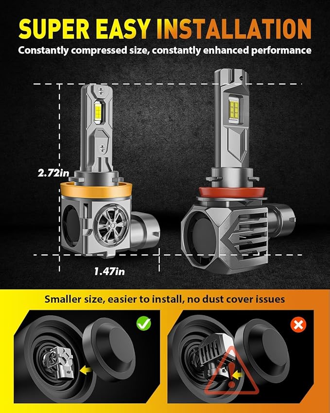 Termitor Upgraded H11/H9 Light Bulbs, 45,000LM Ultra Brightness, 6500K Cool White, 85K+ Hours Lifespan, IP68 Waterproof, 1:1 Halogen Replacement H11 Powersports Light Bulbs, Plug-N-Play, Pack of 2