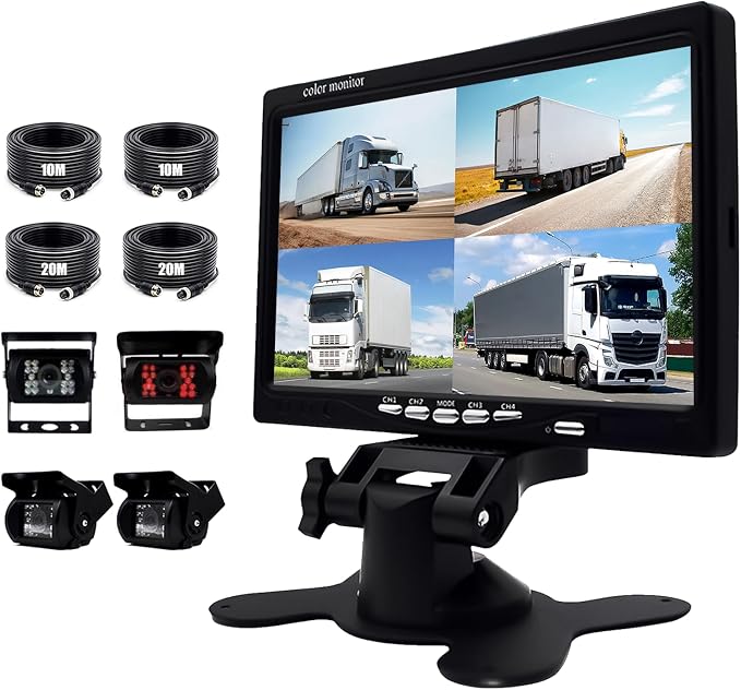 Camecho Vehicle Backup Camera 7 Inch 4 Split Monitor+ 4 Cameras with Front View, Rear View 18 IR Night Vision Waterproof Auto Camera with 2x33 ft and 2x65ft Cables for Trucks, RV, Trailer, Bus