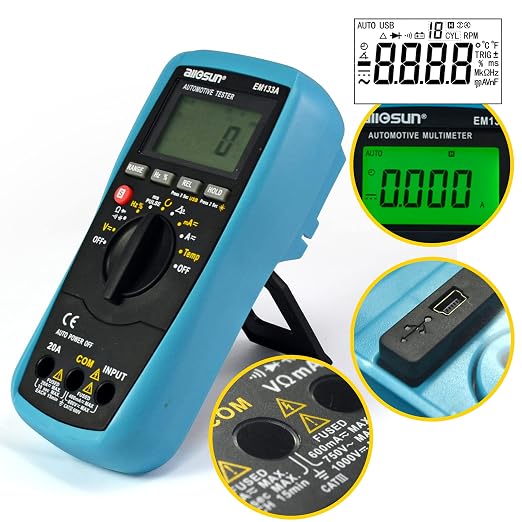 allsun EM133A Auto Multimeter AC/DC Volt Ohm Amp Tester Tool | RPM, Dwell, Pulse Width, Temp, Capacitance, Continuity, Frequency. Diagnostic for car repair, workshop, DIY maintenance