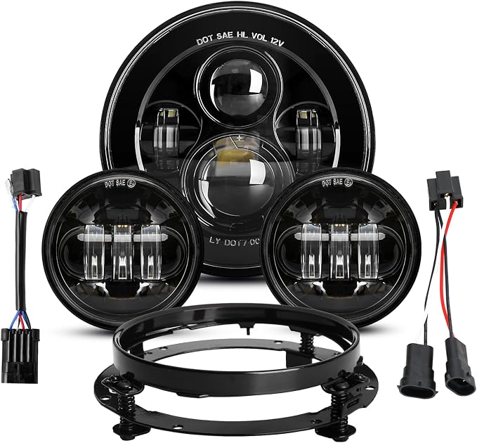 LX-LIGHT Black 7 Inch Motorcycle LED Headlight with 4.5 Inch LED Passing Fog Lamps and Mounting Bracket Compatible with Street Glide Road King Fat Boy Ultra Classic Electra Tri Cvo Heritage Softail