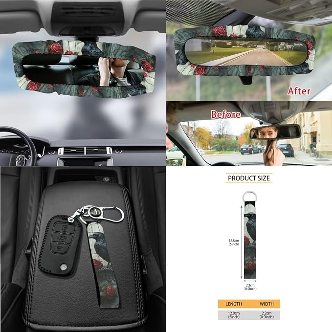 Raven Rose Printed 15 Pack Car Seat Cover Set with Steering Wheel Seat Belt Strap Rearview Mirror Cover Garbage Cans Air Vent Pouch Coasters Keychain Universal Fit for SUV Sedans