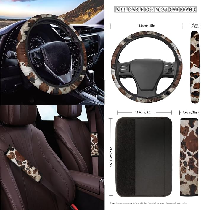 Brown CowPattern Car Accessories Set of 15, Front Rear Seat Covers Protector Steering Wheel Cover Seatbelt Cushion Trash Can Cup Holders Air Vent Storage Bag