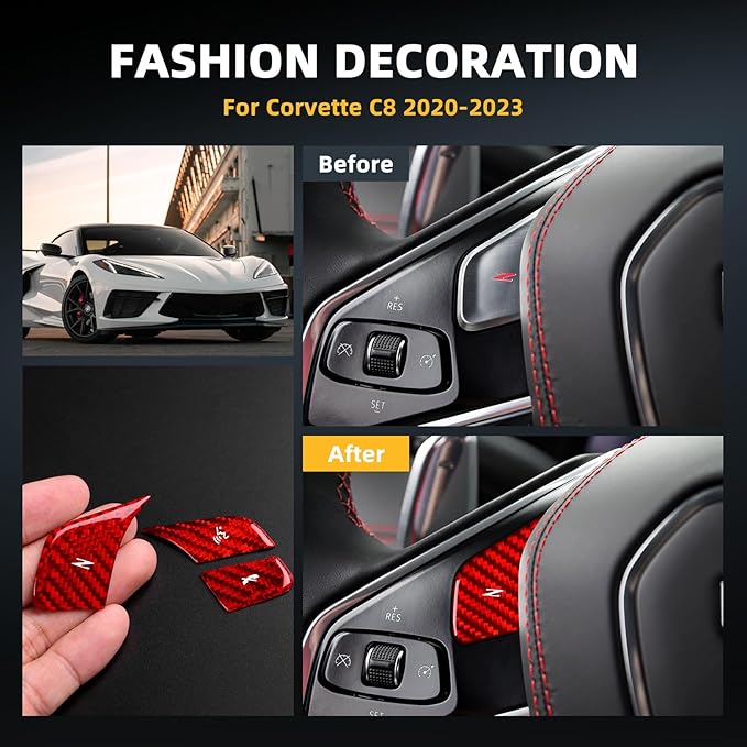 Real Carbon Fiber Steering Wheel Button Covers - for Corvette C8 2020 2021 2022 2023 Carbon Fiber Accessories, Durable Anti-Scratch Protective Accessories (Without Heating Button, Red)