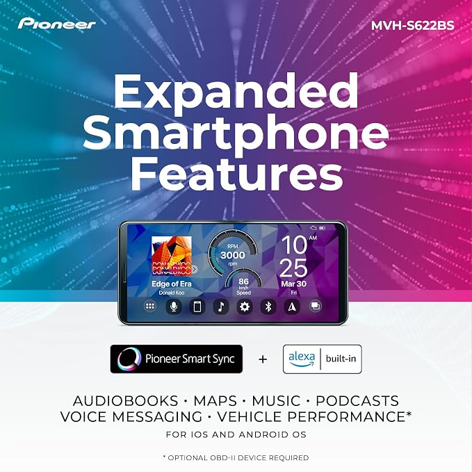 Pioneer MVH-S622BS Double Din Digital Media Receiver – Bluetooth, SiriusXM, Color Change, USB, FLAC, Voice Control, 50W x 4 Output, 13-Band EQ, AM/FM Radio, Hi-Volt RCA Preouts