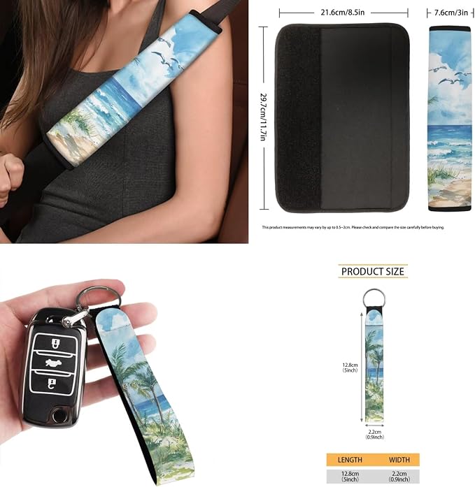 Tropical Palm Beach 15 PCS Car Seat Cover Set with Auto Steering Wheel Cover Seat Belt Strap Protector Cup Holder Trash Bag Rear View Mirror Protector Keychain
