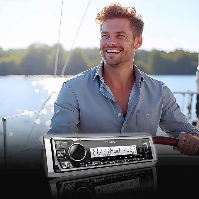 KENWOOD KMR-M332BT Car & Marine Stereo - Single Din, Bluetooth Audio, USB MP3, Aux in, AM FM Radio SiriusXM Ready, Weatherproof, Multi Color Illumination