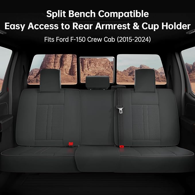 W&PMAX Custom-Fit Seat Covers for Ford F-150 Crew Cab (2015–2025), Full Set Full-Wrap Waterproof Leather Truck Seat Covers, Compatible with Heated & Cooling Seats, OEM Fit – Black