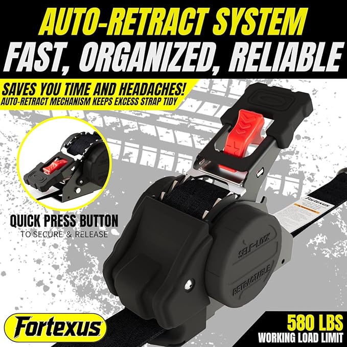 Retractable Ratchet Straps 1'' x 12ft Tie Downs Automatic Retractable Ratchet Straps 1760lb Break Strength for Trailer,Motorcycle,Scooter,Pickup Truck,UTV,Kayak (Black Red,2 Pack)