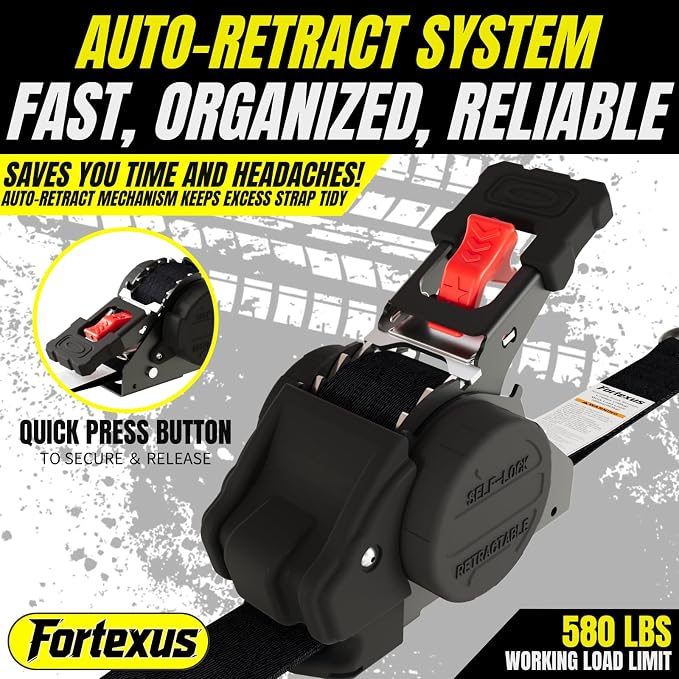 Retractable Ratchet Straps 1'' x 12 ft Tie Downs Automatic Ratchet Straps 1760lb Break Strength for ATV,Trailer,Motorcycle,Scooter,Pickup Truck,UTV,Kayak(Black Red,4 Pack)