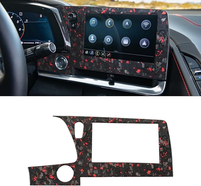 Red Forged Style Real Carbon Fiber Central Control Screen Frame Trim Compatible with 2020-2026 Corvette C8, Interior Decor Sticker Accessories
