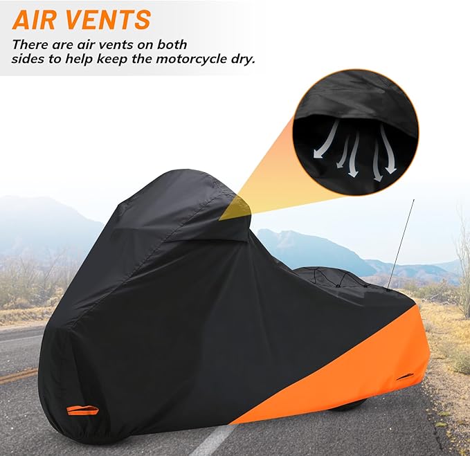 Waterproof Motorcycle Cover for Touring Models Made for Harley Davidson Road King Road Glide Street Glide Electra Glide Low Rider-ST Indoor & Outdoor All Weather Protection (Black & Orange)
