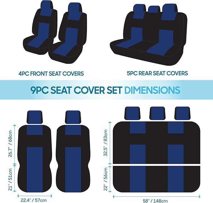 BDK PolyPro Car Seat Covers Full Set in Blue on Black, Front and Rear Split Bench Seat Covers for Cars, Easy to Install Car Seats Cover Set and Accessories for Auto Trucks Van SUV - Blue