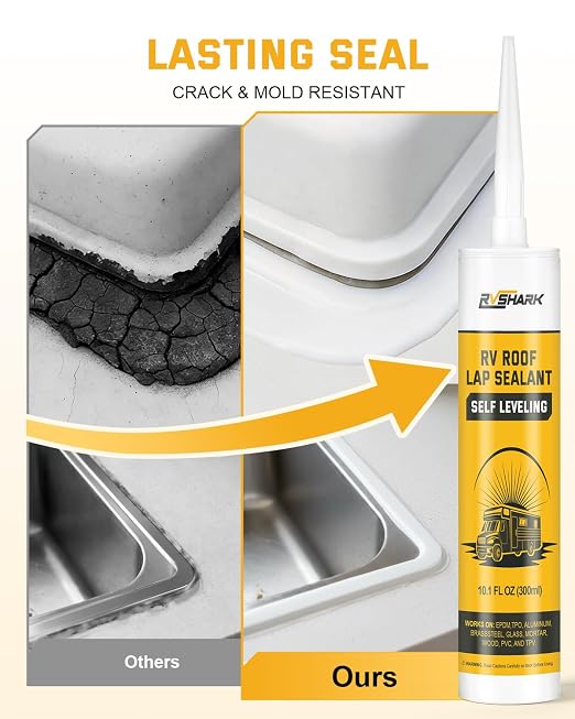 RV Roof Sealant, 30 Seconds Self Leveling Lap Sealant – White, Fast Curing Waterproof Flexible Caulk RV Sealant with Gloves for Camper Trailer Roofs Maintenance Repair
