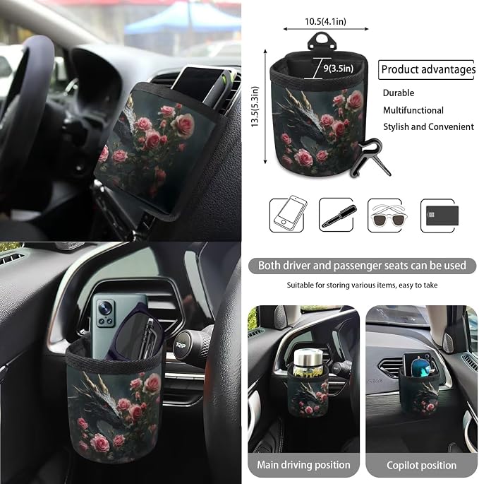 Cool Dragon Roses Print 15Pcs Car Seat Cover Full Set Car Steering Wheel Cover Seat Belt Cover Trash Bin Air Vent Storage Box Front Rear View Mirror Car Cup Holder Keychain