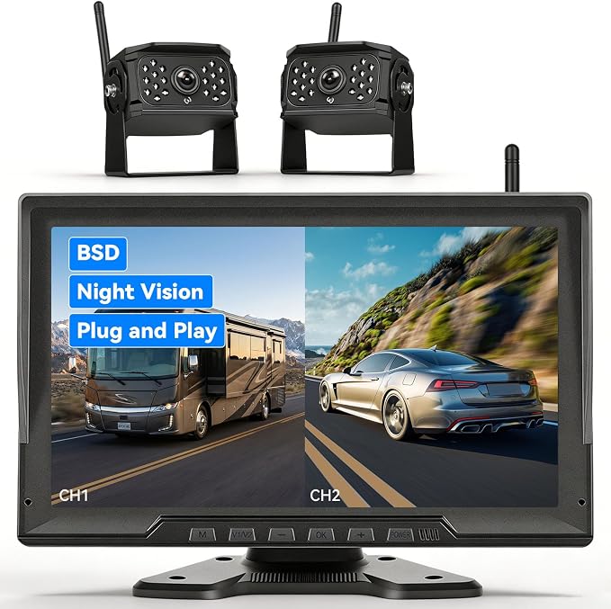 10.1 Inch Wireless Backup Camera Monitor Digital Signal Stable BSD Night Vision with Front Rear View IP68 Waterproof Camera for Truck/Car/Pickup/SUV/Tractors/Bus/Pickup