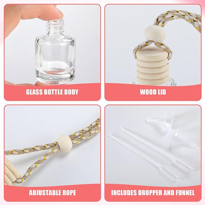 240 Pcs Car Diffuser Bottle Set with Wooden Caps,Dropper and Funnel, Empty Glass Car Air Freshener Bottle Bulk Hanging Essential Oil Fragrance Pendants for Car Decor，Can DIY Car Air Freshners Diffuser