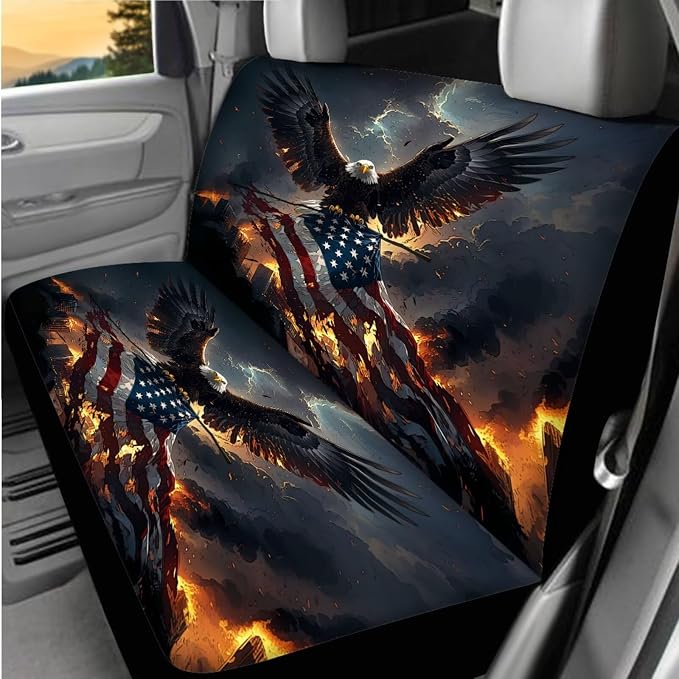 8 Pcs Eagle American Flag Design Car Accessories Set, Car Seat Covers Full Set with Auto Steering Wheel Cover Center Console Pad Seat Belt Covers, Patriotic Decorations