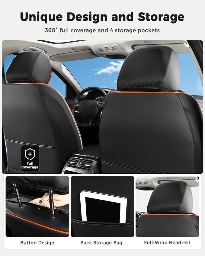 Huidasource Automotive Seat Covers, Leather Seat Cover Universal Fit for Most Cars Sedans SUVs Trucks, Airbag Compatible, Cup Holder Access, Easy Install, Wipes Clean, Wear-Resistant, Black&Orange