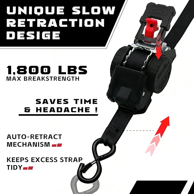 Retractable Ratchet Straps (2-Pack) - Heavy Duty Auto Slow Retraction Tie Down Straps - 1 Inch x 13 Feet (1,800lb Break Strength) for Truck, Cargo Trailer, Motorcycle, ATV, UTV - Black