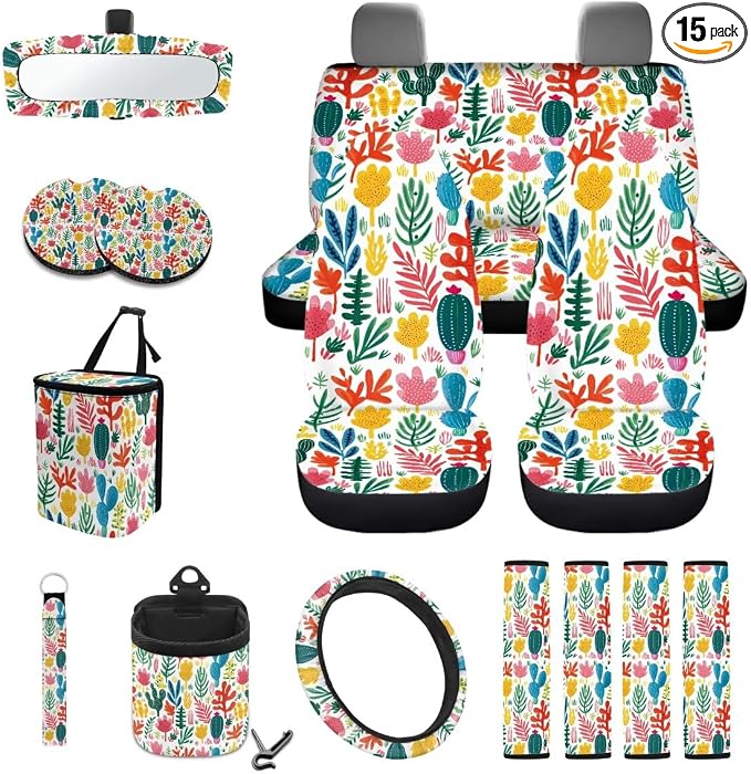Floral Cactus Print 15 Pack Car Seat Covers Set with Steering Wheel Cover Seat Belt Strap Pad Rear View Mirror Cover Air Vent Storage Bag Garbage Cans Cup Holder Keychain Car Decor