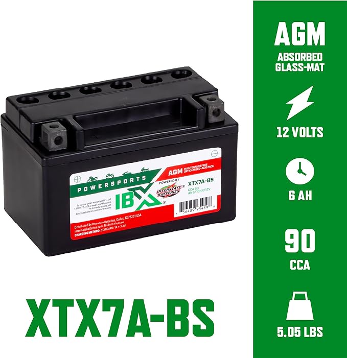Interstate Batteries YTX7A-BS 12V 6Ah Powersports Battery 90CCA AGM Rechargeable Replacement Battery for Kasea, Aprilia, Kymco, ATVs, Motorcycles, Scooters (XTX7A-BS)